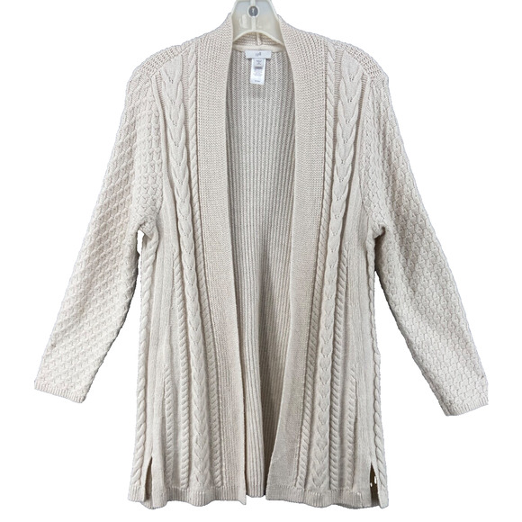J JILL Cardigan Sz MP Petit Beige Cable Knit Open Front‎ Long Line Cottagecore - Picture 1 of 10